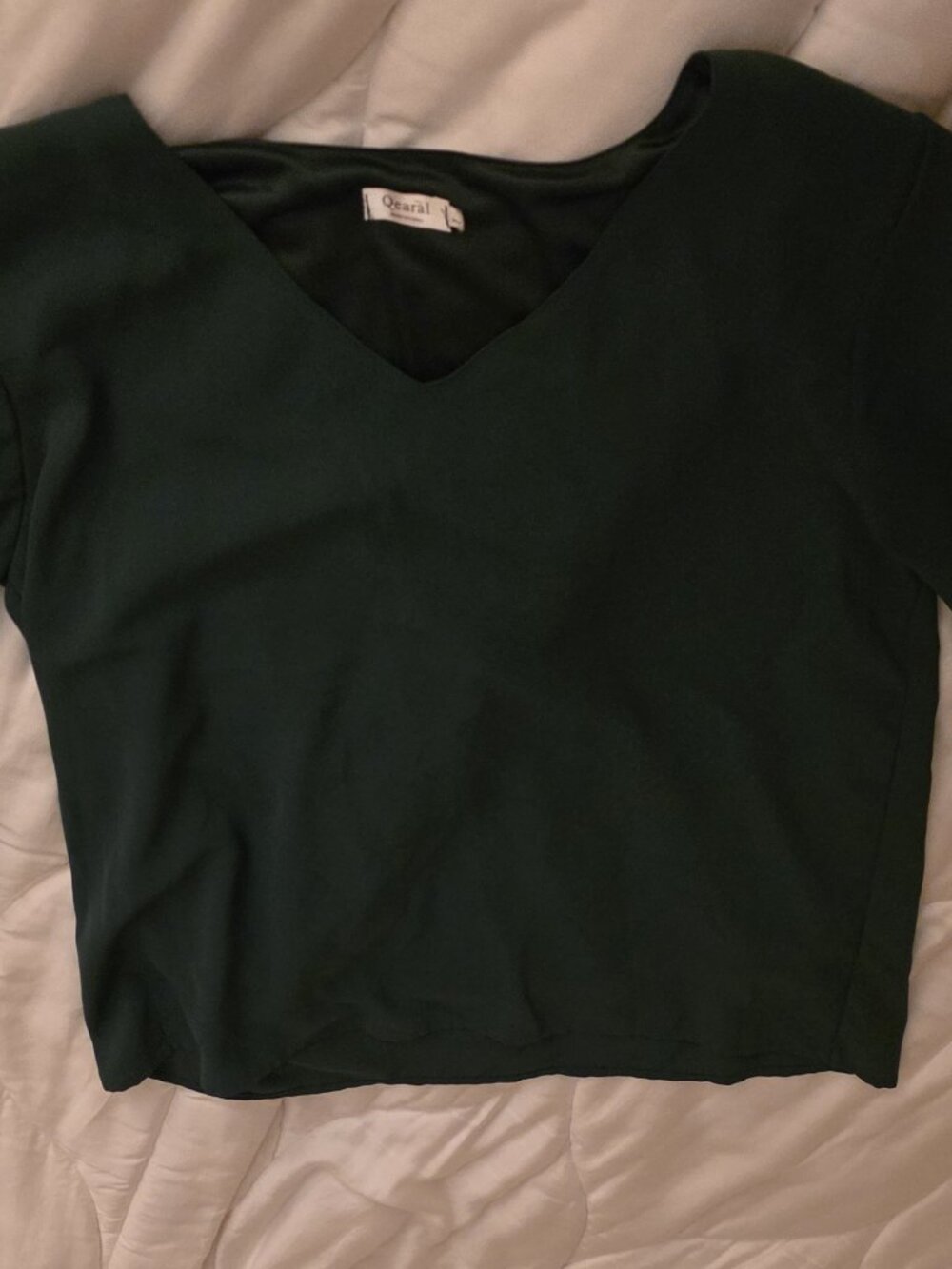 Qearal Dark Green Puff Sleeve V-Neck Blouse Size L Cottagecore Romantic Top